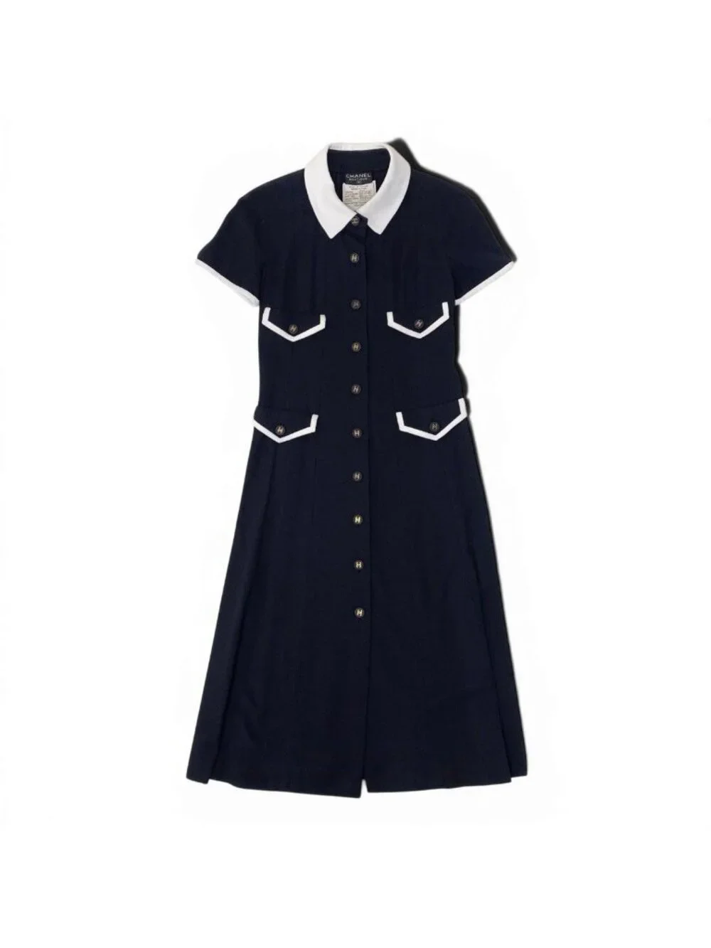 Chanel Cg9 Runway CC Logo Button Dress 36 Sizes Navy White Cotton 100%